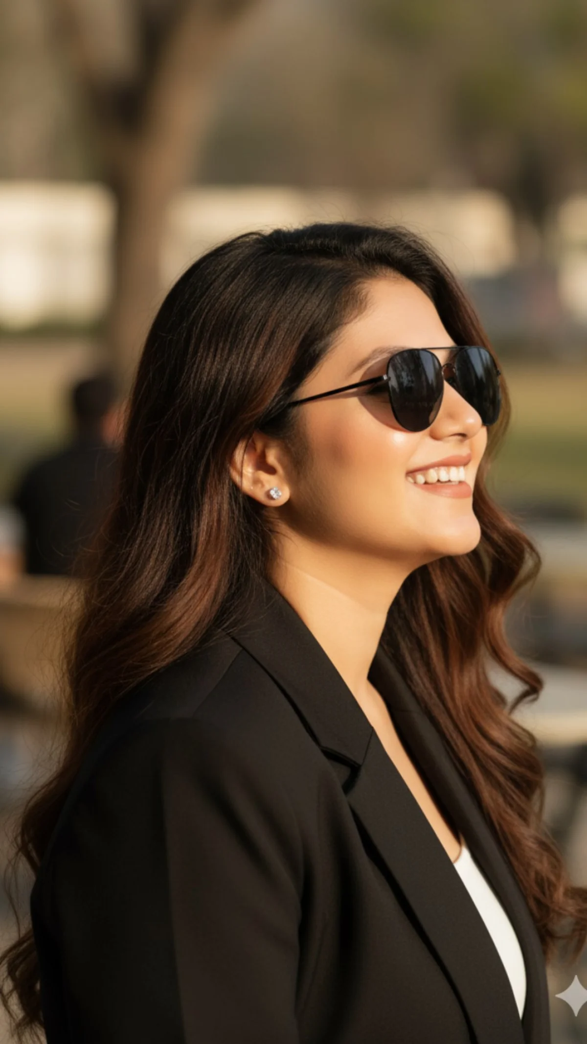 Radiant Elegance: Candid Side Profile of a Joyful Woman in Stylish Black