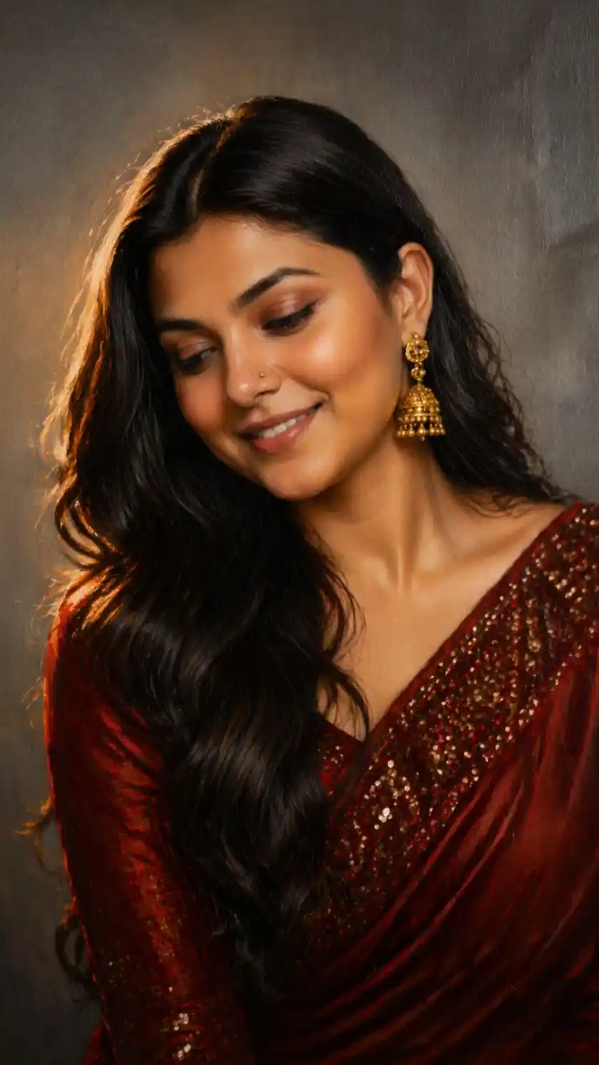 Viral AI Oil Painting Prompt – Indian Girl in Red Saree (Unreal Detail)