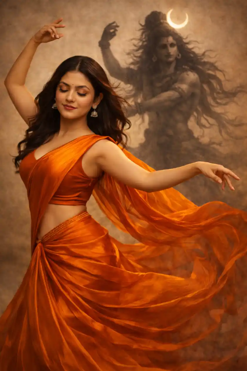 Hyper-Realistic Shiva Dance Portrait – Girl in Flowing Orange Silk Saree (Mythological 8K Art) ✨🕉️