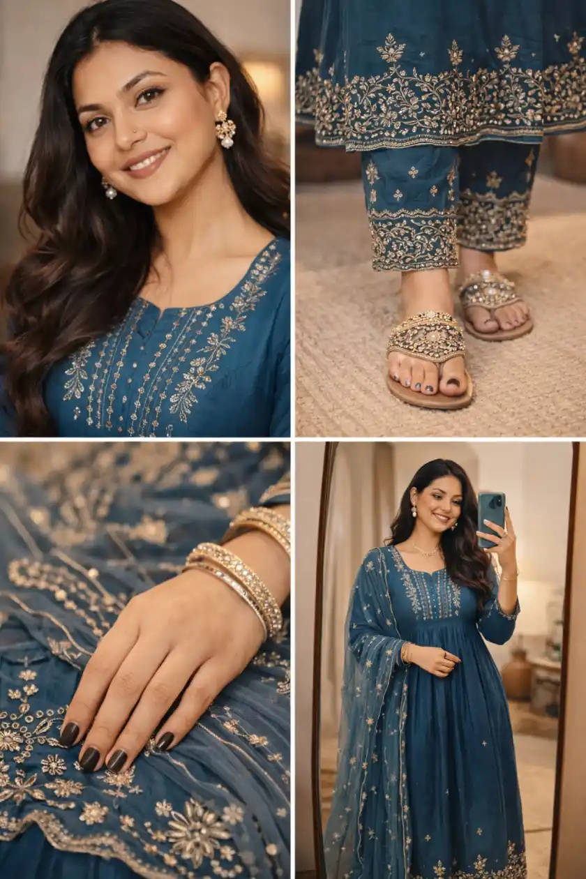 Elegant Navy Blue Ethnic Outfit Collage – Aesthetic Indian Girl Portrait Prompt