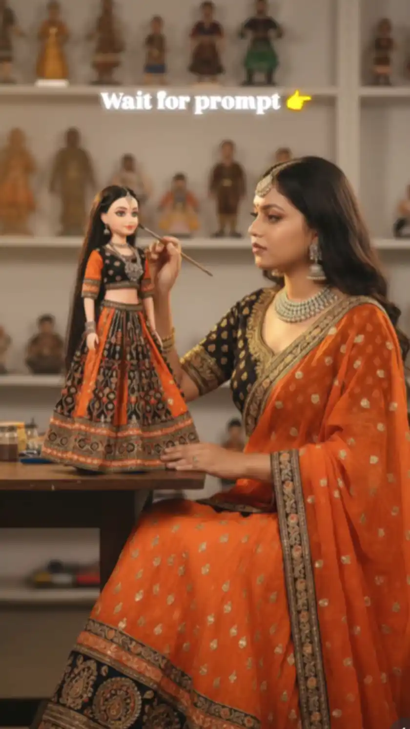 Ultra-Realistic AI Image Prompt: Indian Woman Painting a Traditional Rajasthani Doll in Studio