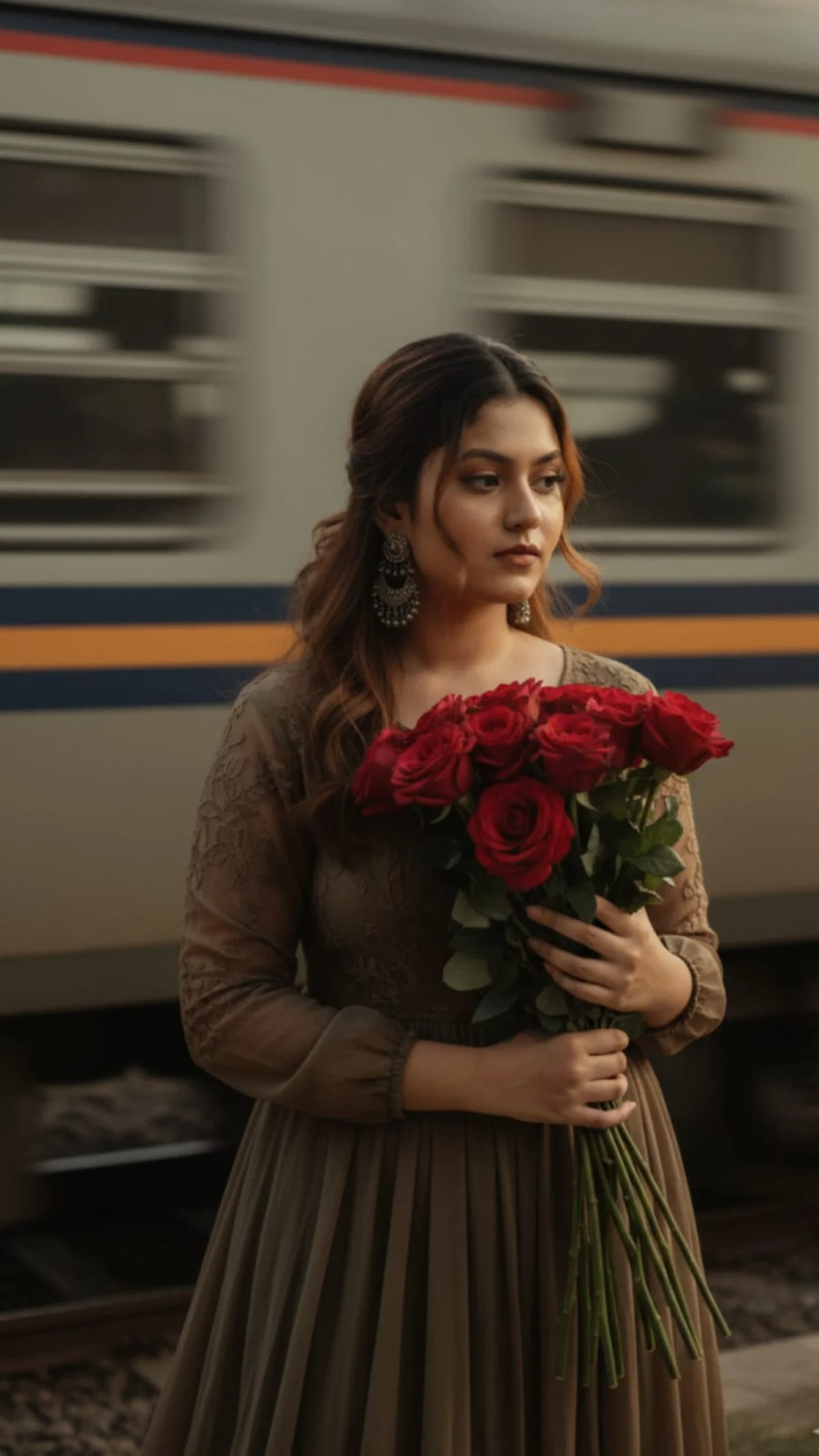 Melancholy in Motion: A Cinematic Portrait Amidst Passing Trains