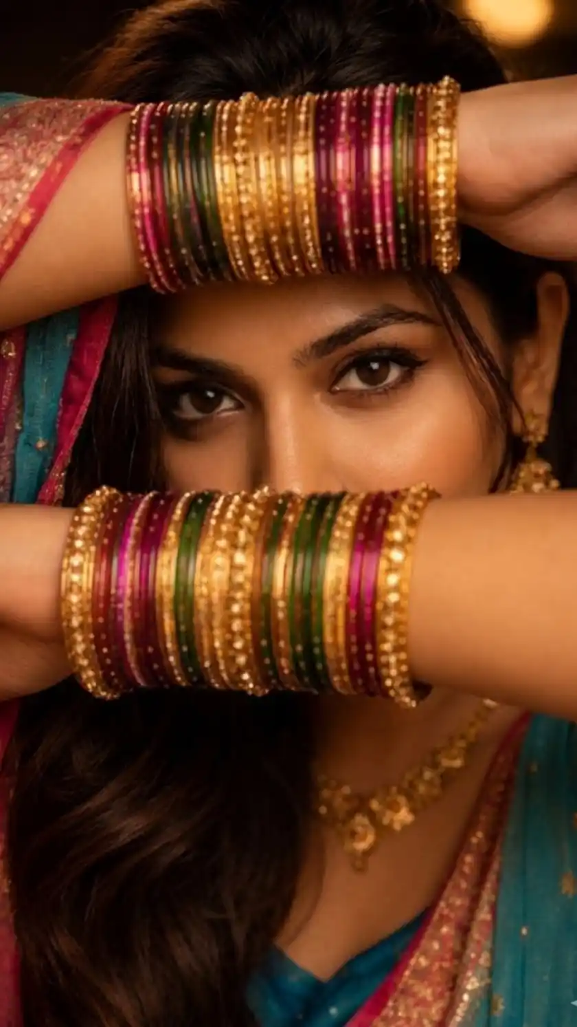 Hidden Beauty: Indian Girl Portrait with Bangles Framing Her Eyes (AI Prompt)