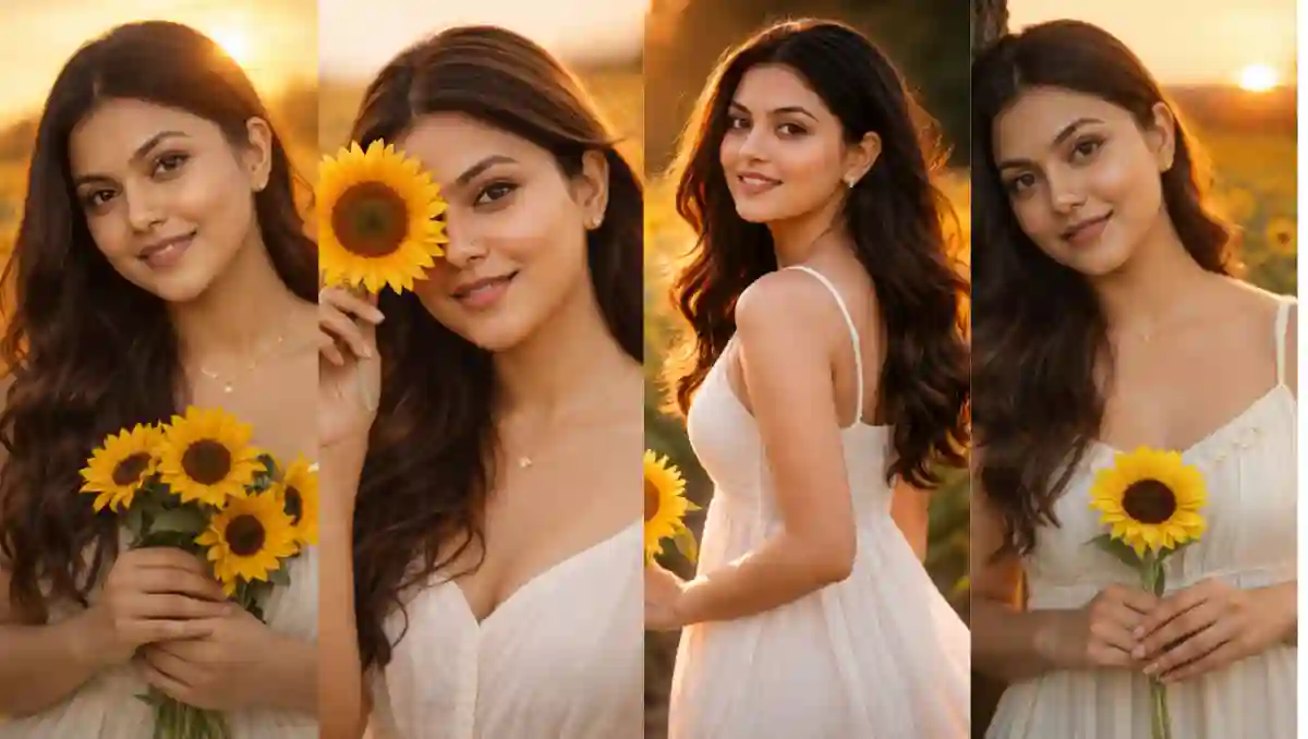 Dreamy Sunflower Field Portraits Using Gemini Prompt – Golden Hour White Dress Look