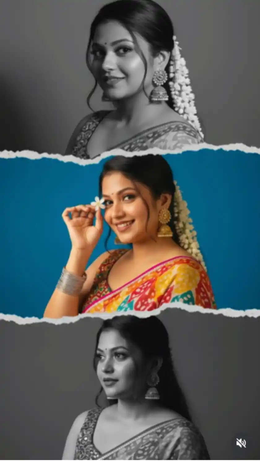 Indian Woman Triptych Portrait in DSLR 4K – Traditional Saree, Gajra Hairstyle & Black-and-White to Color Contrast