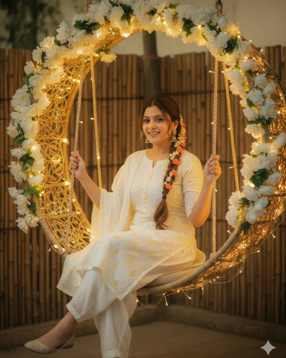 Ultra-Realistic Portrait of a Young Indian Girl on a Floral Rattan Swing in Cozy Outdoor Ambiance