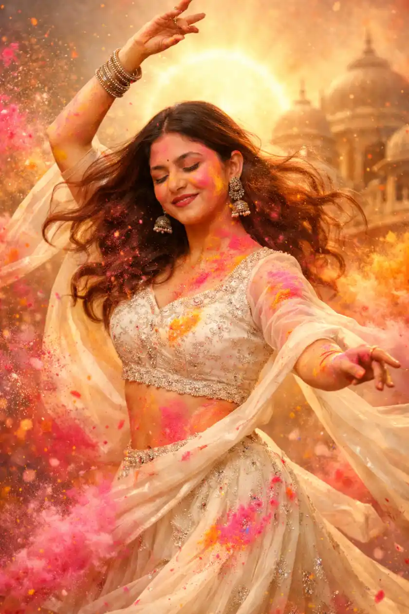 Bollywood-Style Holi Portrait: Ultra-Realistic Indian Woman with Vibrant Gulal Explosion