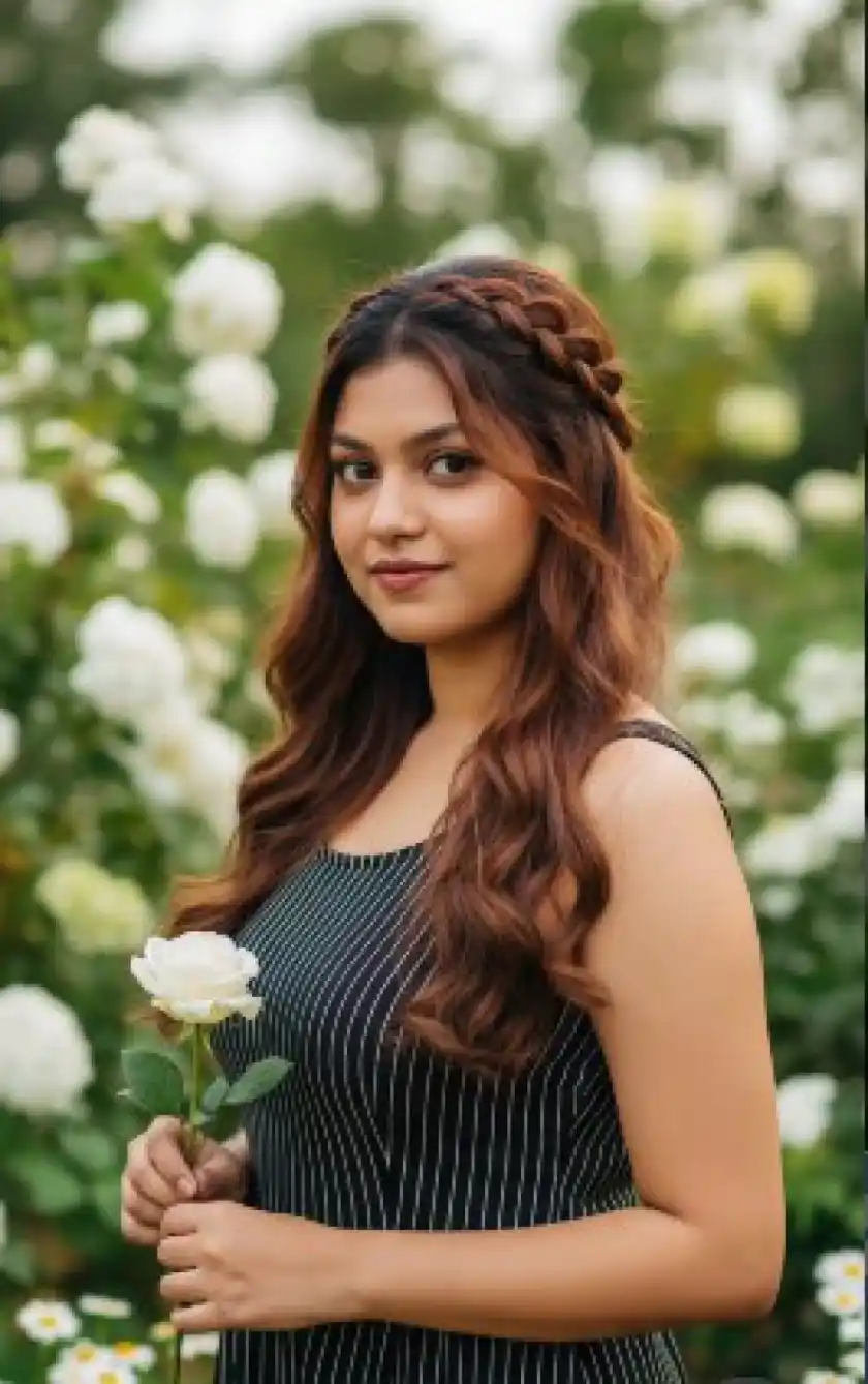 Hyper-Realistic Garden Portrait of a Woman with Braided Crown Hairstyle in a Black Striped Dress AI Image Prompt