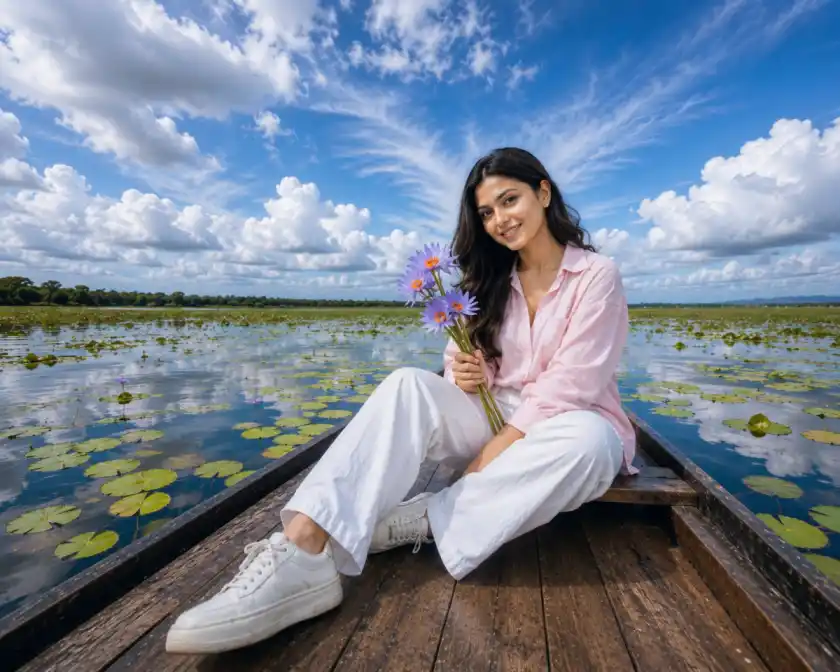Same Face Same Outfit Cinematic Boat Portrait Prompt | Photorealistic Floral Photoshoot (4:5)