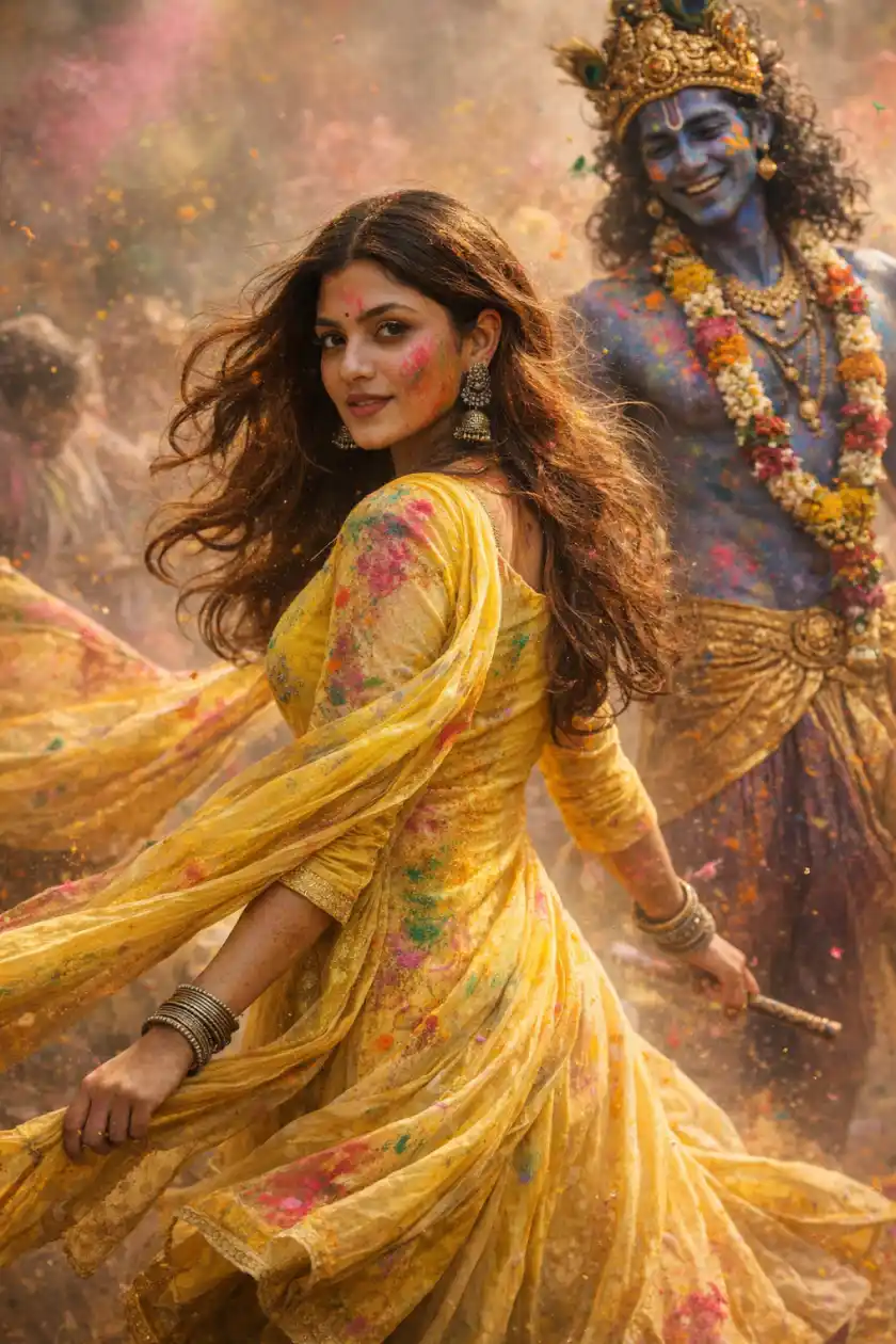 8K Ultra-Realistic Holi Festival Image: Mid-Motion Anarkali Girl with Glowing Krishna