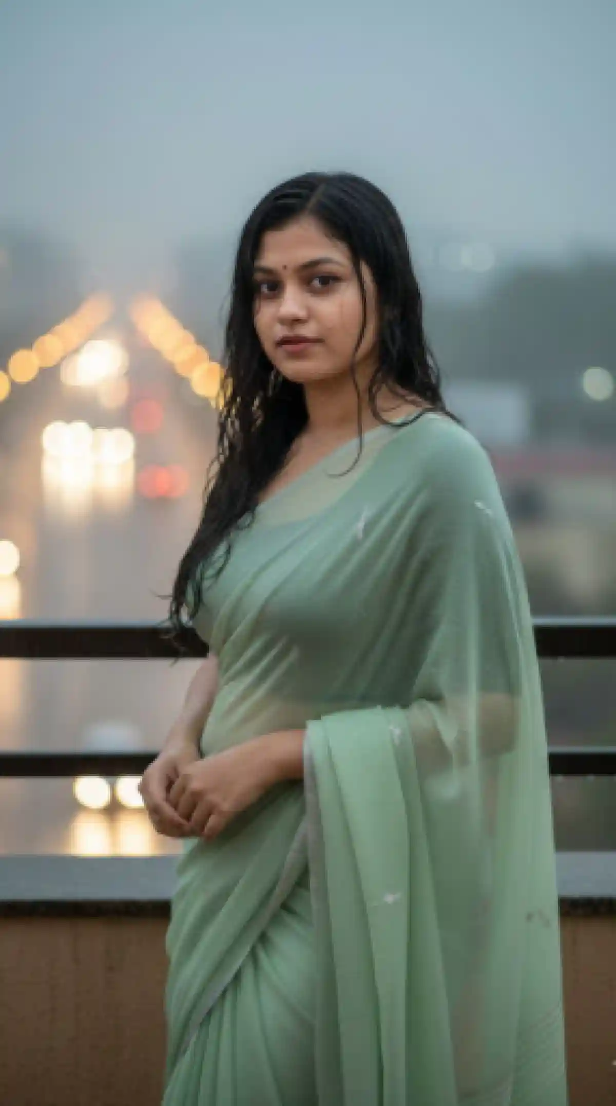 Monsoon Balcony Portrait of a Young Woman in Pastel Green Saree with City Bokeh