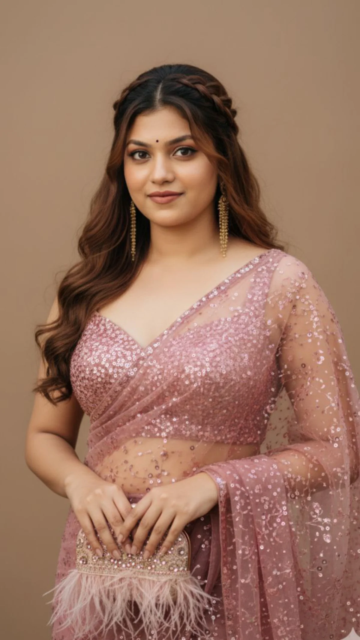 Elegant Studio Portrait of an Indian Woman in a Shimmering Dusty Rose Saree