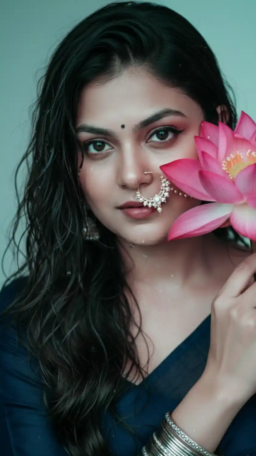 Beautiful Indian Woman with Lotus Flower – Wet Hair Cinematic Portrait