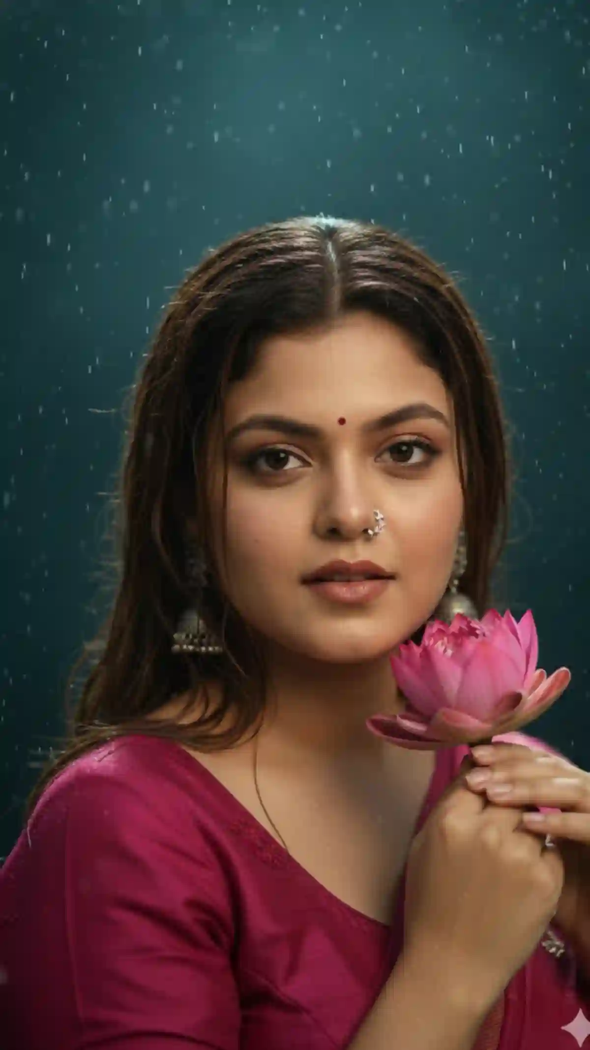 Ultra Detailed Indian Beauty Portrait – Lotus Flower, Wet Hair, Dreamy Cinematic Look