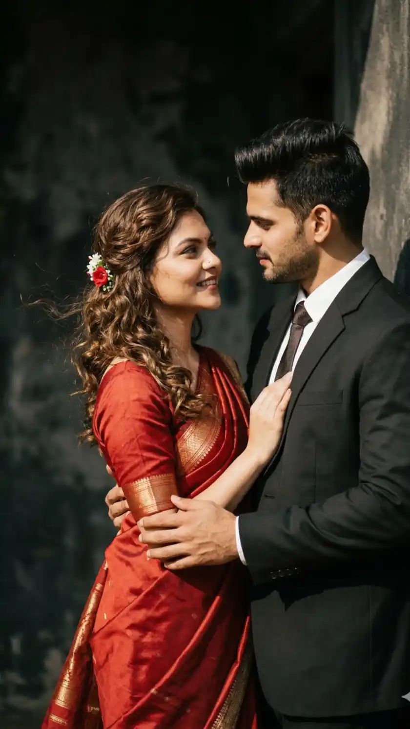 Retro 90s Love Story Portrait – Girl in Red Saree, Boy in Black Suit, Windy Romantic Cinematic Mood