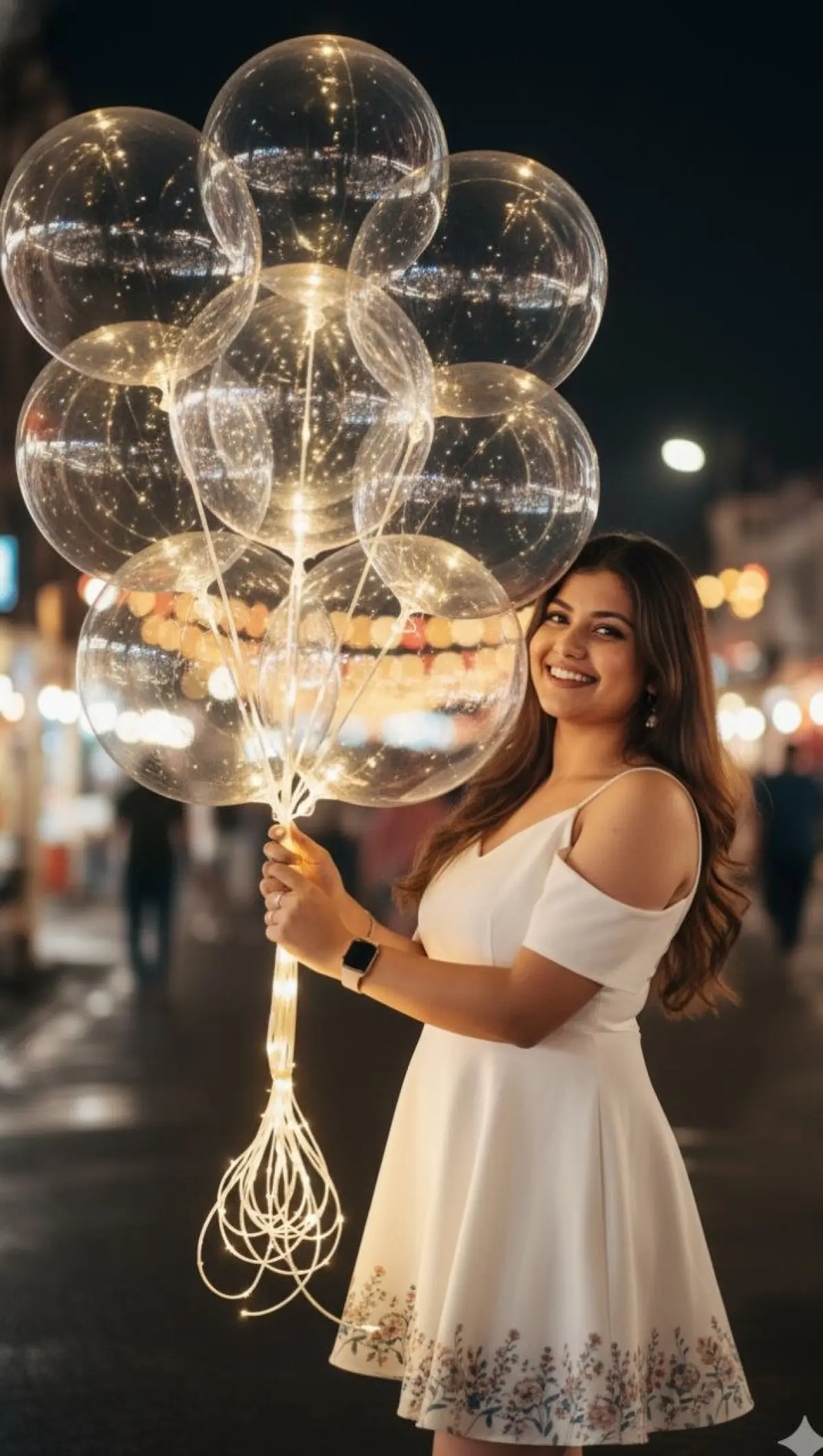 Hyper-Realistic Cinematic Full-Body Portrait of a Joyful Young Woman at a Night Market with Glowing LED Balloons