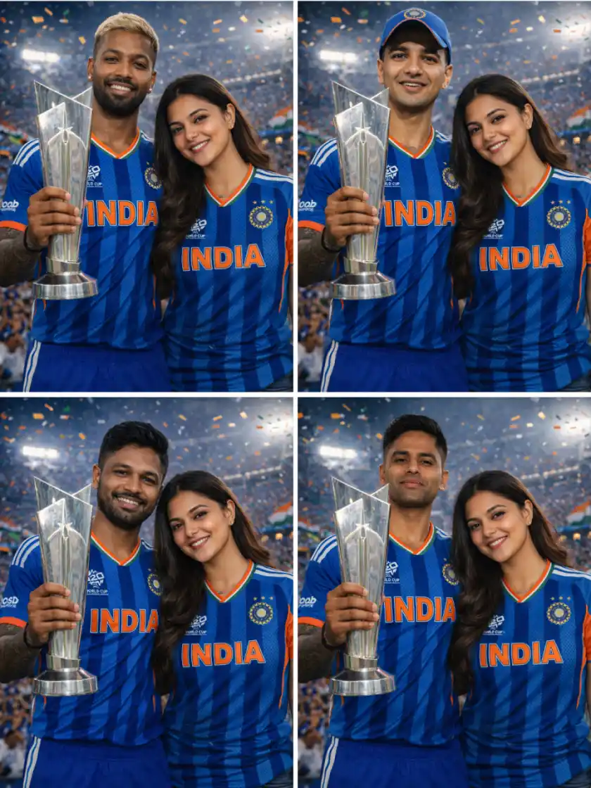 Ultra-Realistic AI Photo Prompt: Create Indian Cricketer ICC T20 World Cup Victory Scene in a Stadium
