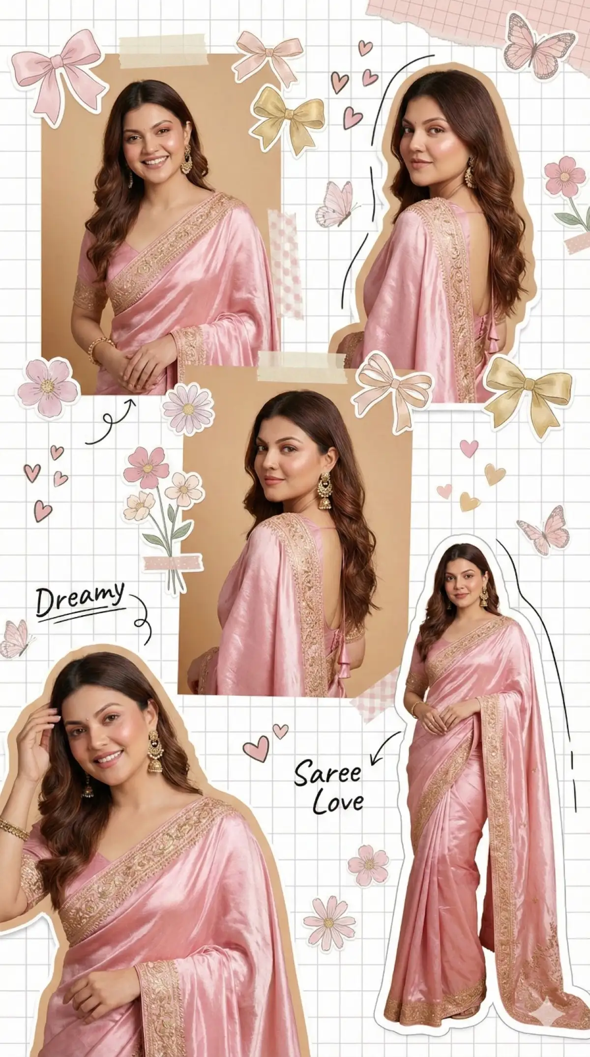 Pinterest-Style Dreamy Scrapbook Collage Aesthetic Girl in Shiny Pastel Pink Saree