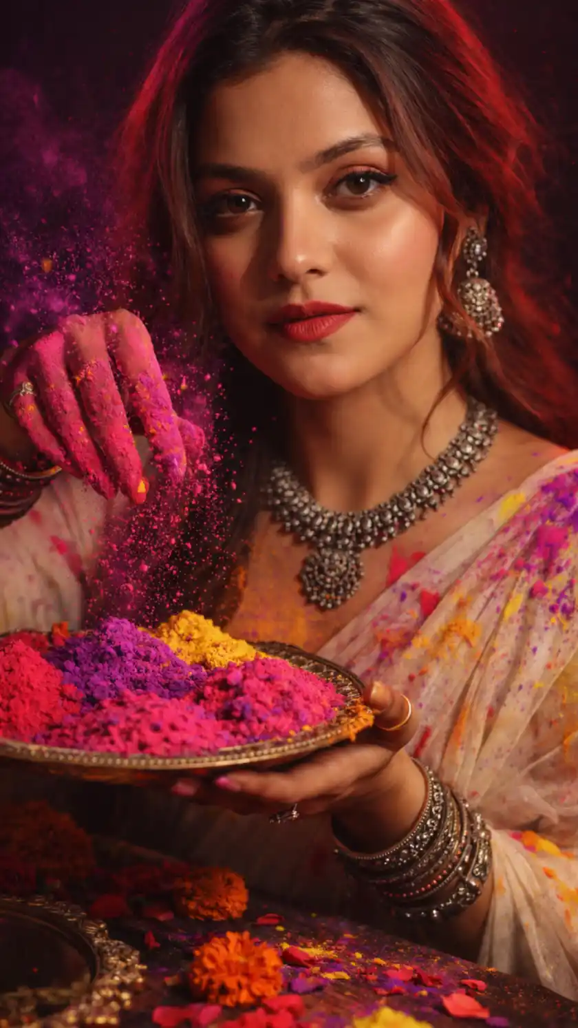 Luxury Cinematic Holi Gulal Close-Up – Indian Woman in Off-White Chiffon Saree with Vibrant Powder, Silver Jewelry & Marigold Decor