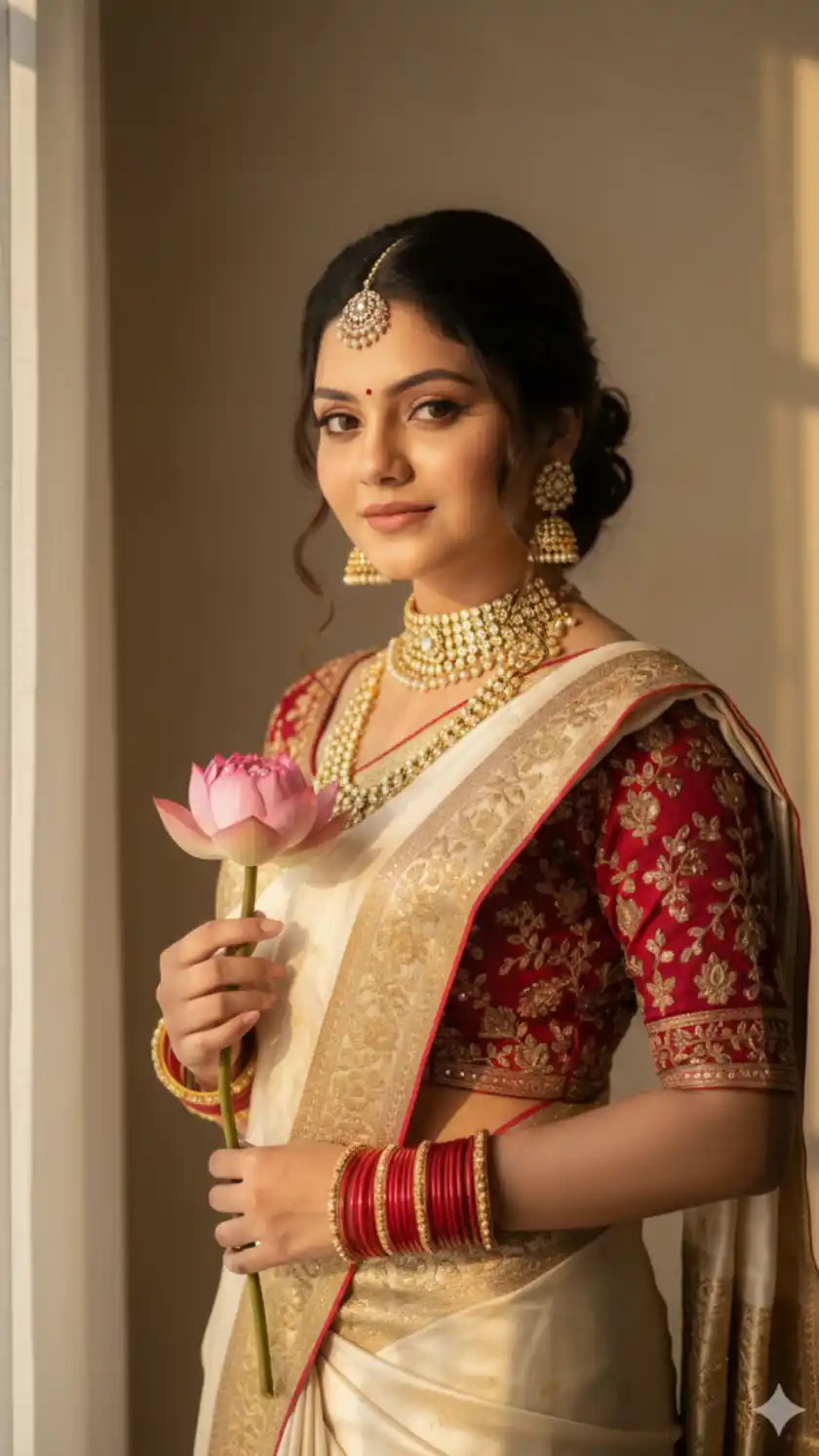 The Lotus Muse: Traditional Elegance in Gold and Red