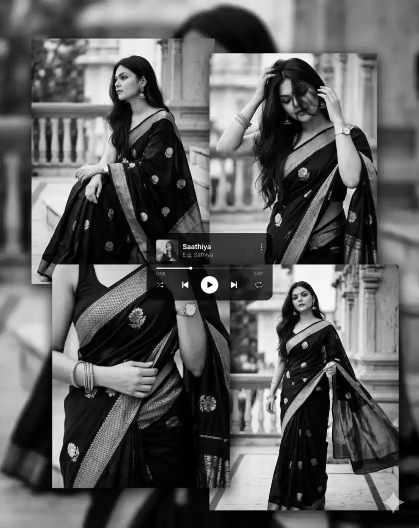 Cinematic Black & White Saree Collage Portrait – Elegant South Asian Woman in Silk Saree (4K Editorial Style)