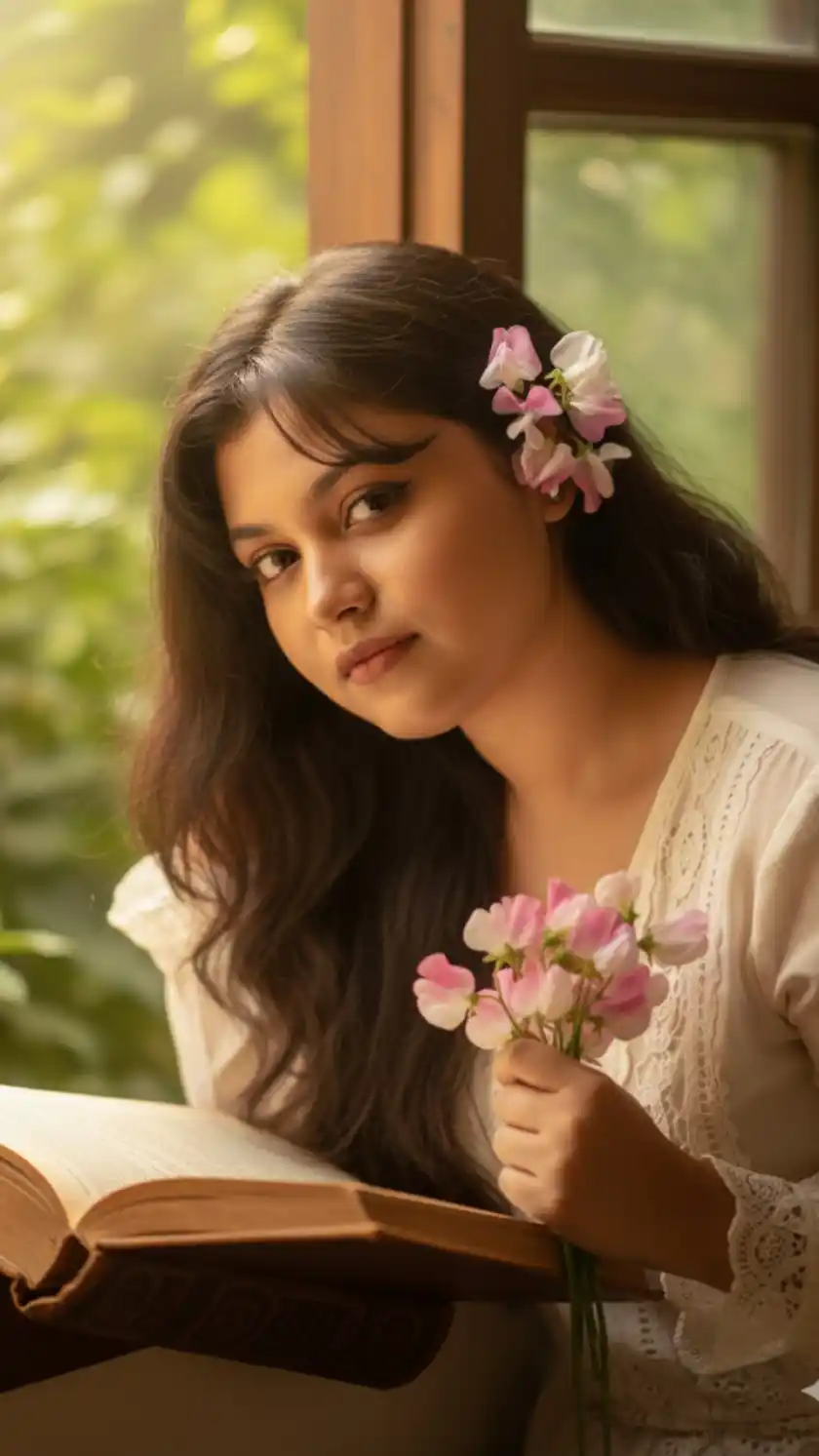 Soft Blooms & Warm Light: Intimate Book-Lover Portrait