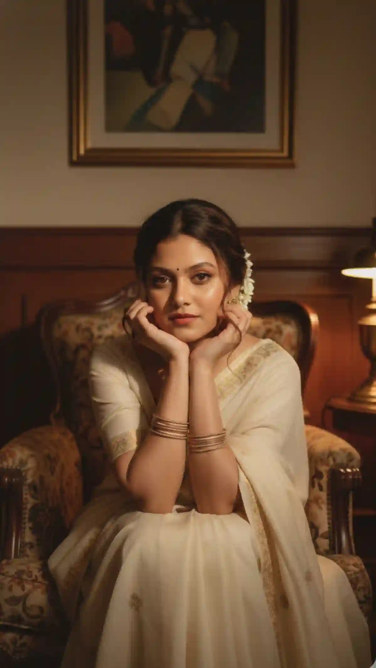 Vintage-Style Indian Saree Portrait with Warm Cinematic Lighting