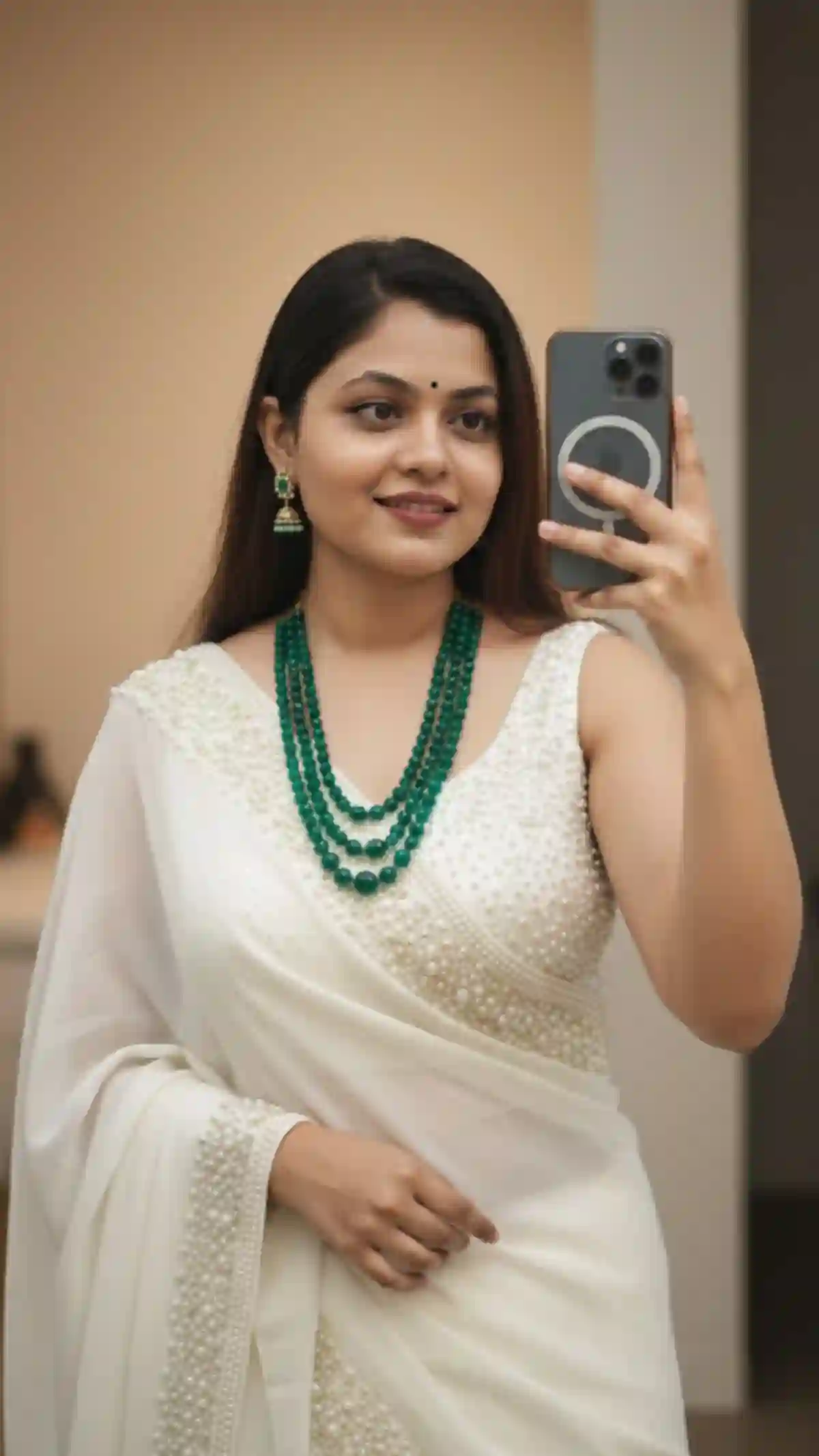 Elegant Indian Woman in White Saree Taking Mirror Selfie | Emerald Jewelry Portrait