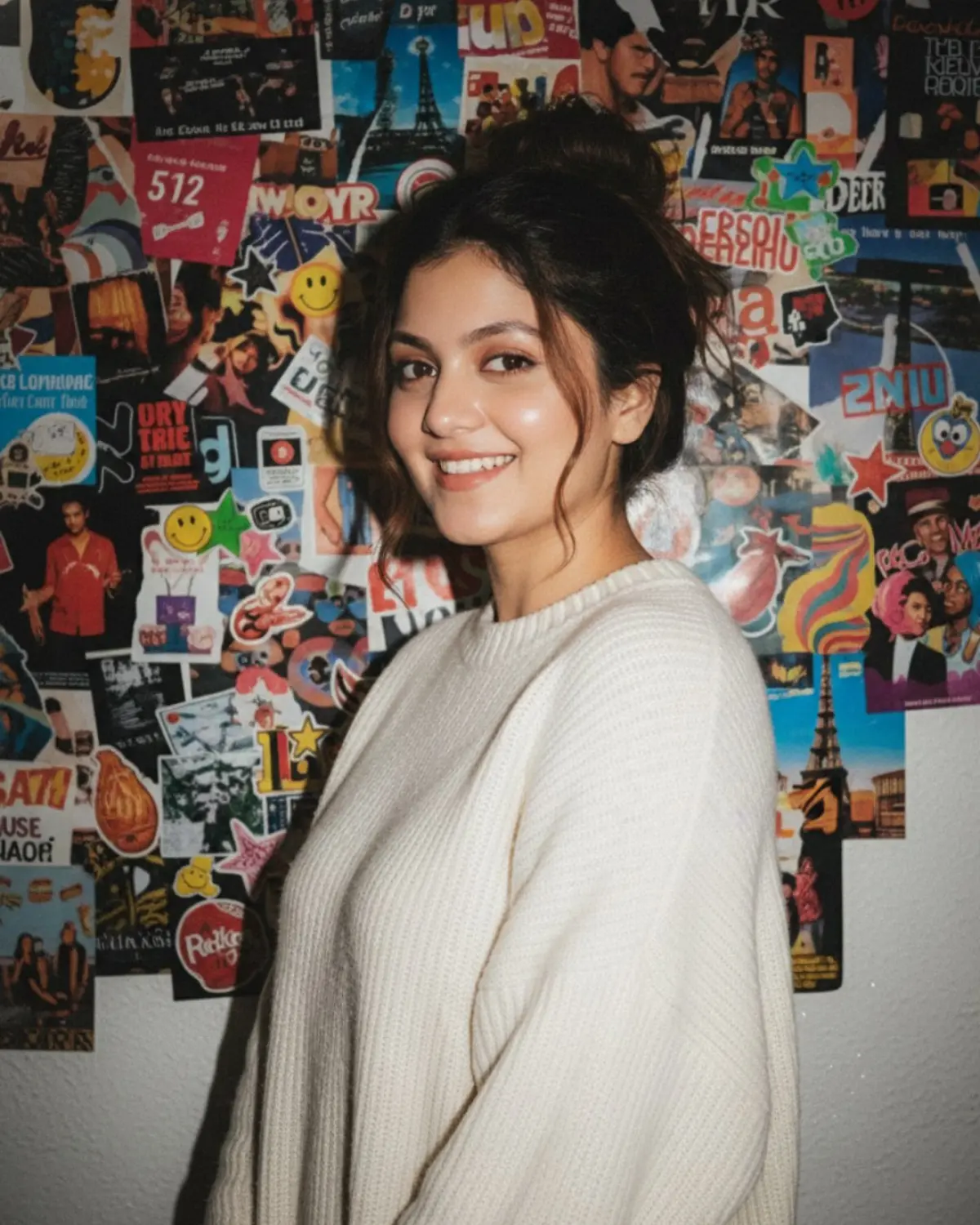 1990s-Inspired Portrait of a Young Woman in a Cozy, Poster-Filled Room