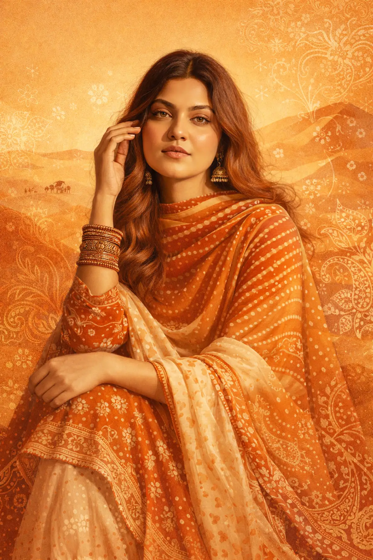 Bandhej & Leheriya-Inspired Portrait with Warm Desert Hues