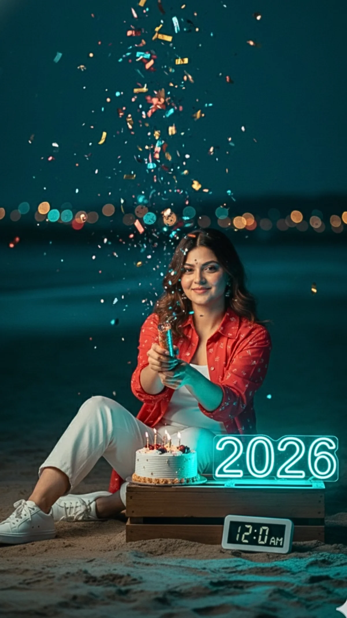 Cinematic midnight birthday photoshoot with neon 2026 confetti