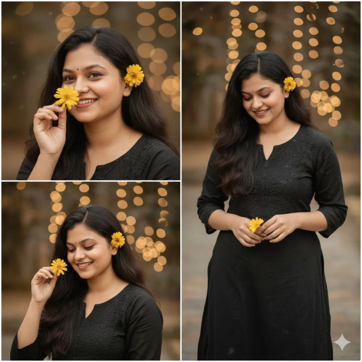 “Soft-Focus Collage Portrait of a Young Indian Woman with Yellow Flower Accents
