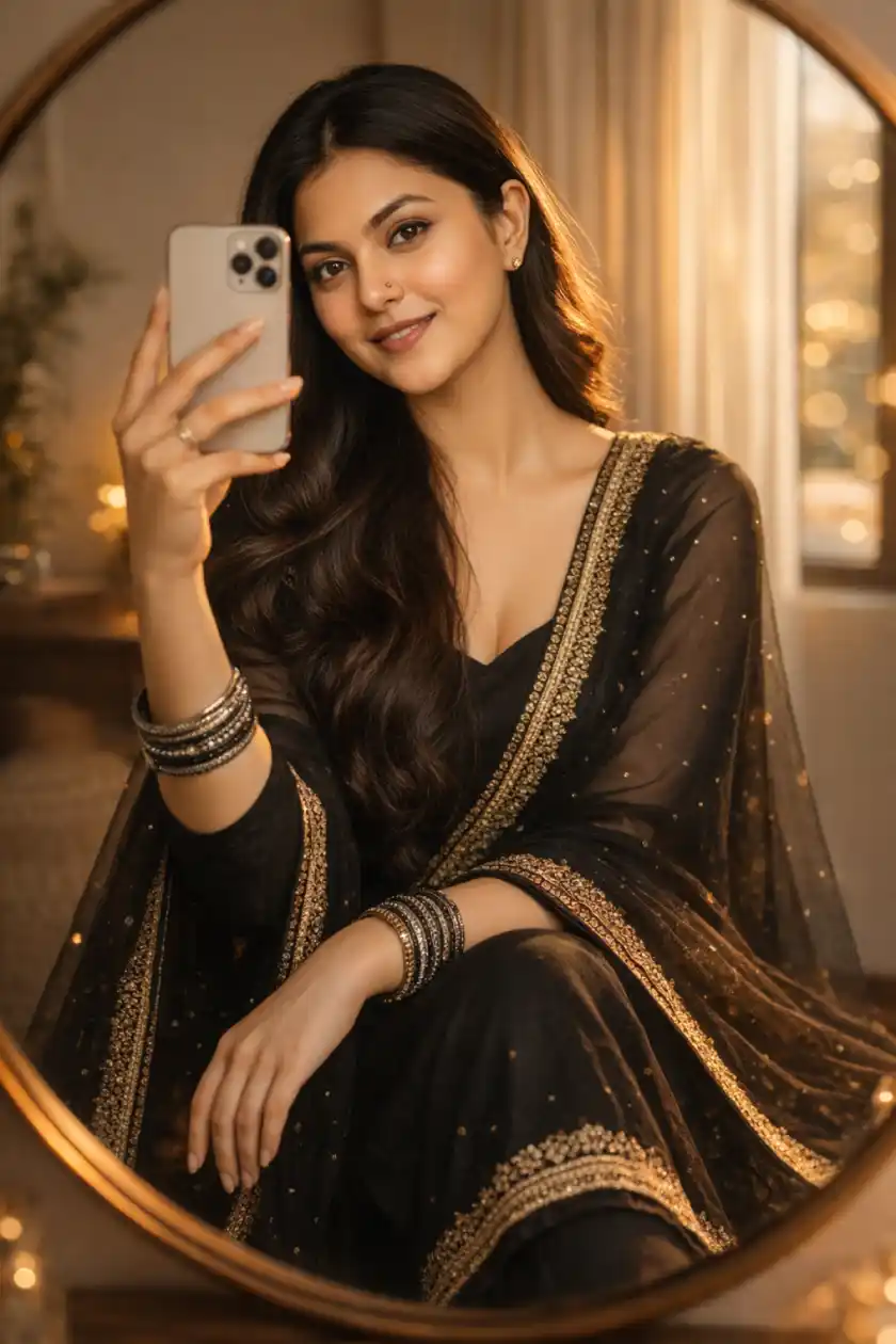 Beautiful Indian Woman Mirror Selfie in Black Salwar Suit | Golden Hour Aesthetic Portrait (4K Cinematic)