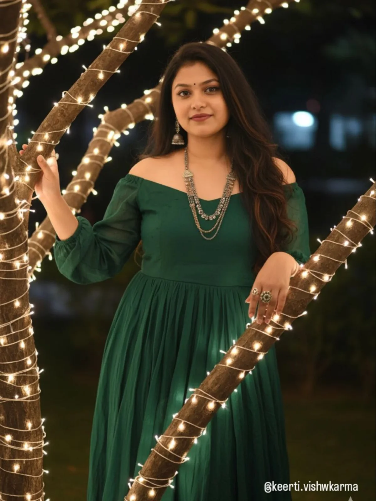 Night Portrait of an Indian Woman Amidst Magical String Lights